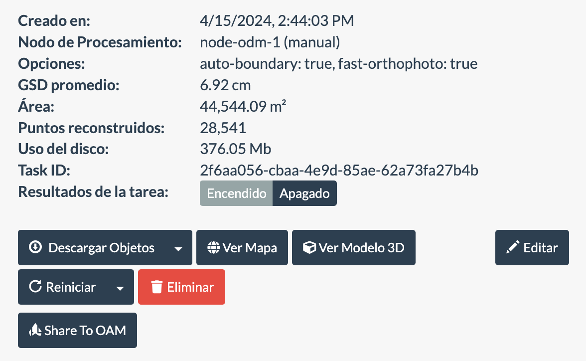 Opciones de una tarea de ODM