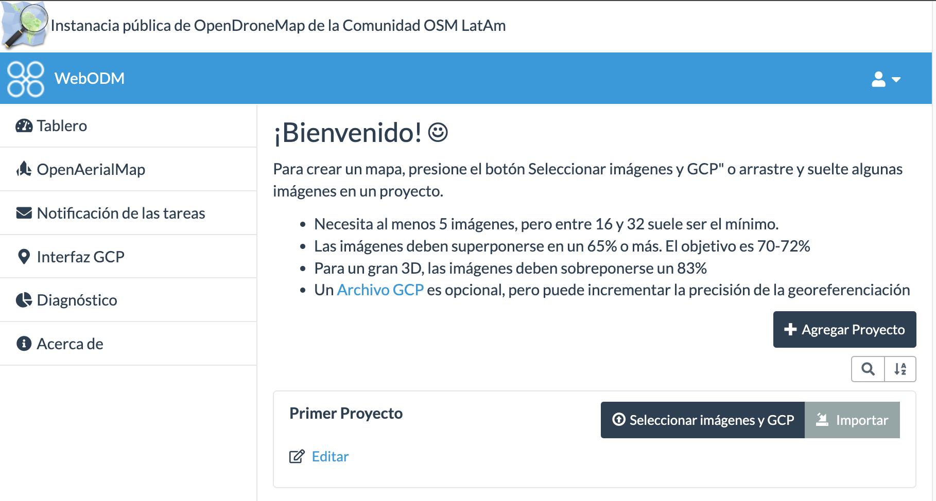 Pantalla principal con 1 proyecto